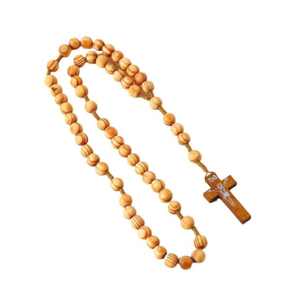 KOMI Hot Selling Crucifix Pendant Jesus Natural Wood Grain Catholic Rosary Necklace
