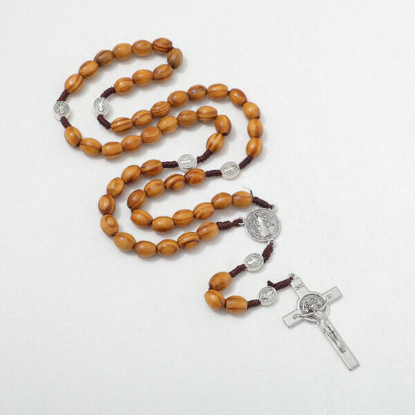 Hot Sale Catholic Brown Wooden Rosary with Soil Jesus Cross Our Lady Alloy Braided Rope Necklace Religious Jewelry Men and Women