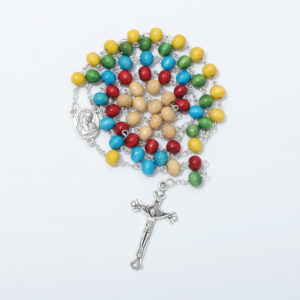 hot selling colorful wooden bead holy cross pendant rosary box packaging necklace with maria center religious jewelry