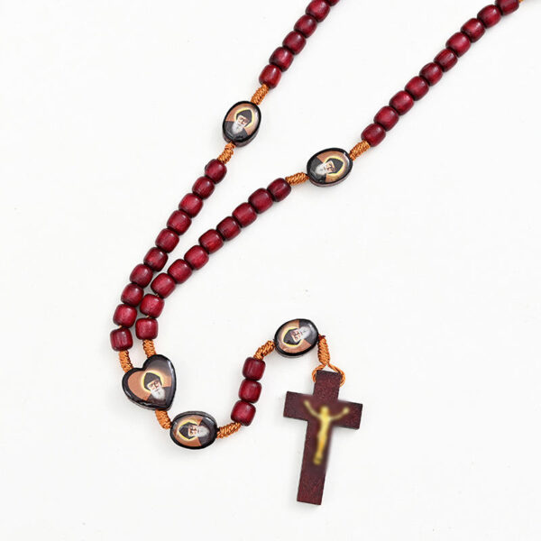 Red Wooden Beads Hand Rosary Necklace Hand-woven Rope Cord Cross Religious Jewelry Vintage Pendant