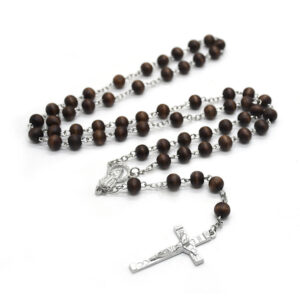 KOMI 2024 Religious Jesus Pendant Brown Wood Beads Rosary Cross Necklace