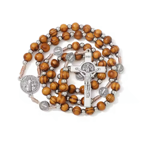 Hot Sale Catholic Brown Wooden Rosary with Soil Jesus Cross Our Lady Alloy Braided Rope Necklace Religious Jewelry Men and Women