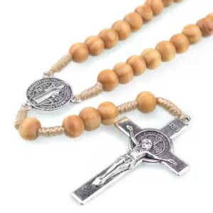 hand woven round st. benedict medal wooden rosary jesus cross necklace vintage catholic religious jesus jewelry rn 177