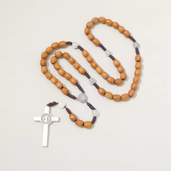 Hot Sale Catholic Brown Wooden Rosary with Soil Jesus Cross Our Lady Alloy Braided Rope Necklace Religious Jewelry Men and Women