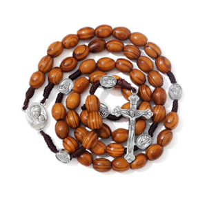 Hot Sale Catholic Brown Wooden Rosary with Soil Jesus Cross Our Lady Alloy Braided Rope Necklace Religious Jewelry Men and Women
