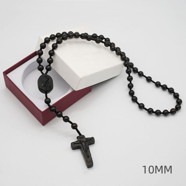 KOMI Rosewood Ebony Beaded Rosary Necklace Virgin Mary Center Crucifix Cross Pendant Necklace Wood Beads Rosary for Religious