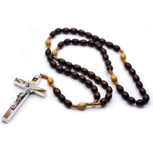 Komi 8*10 Dark Coffee Rice Shaped Wood Bead Rope Rosary Necklace Religious Cross Necklace