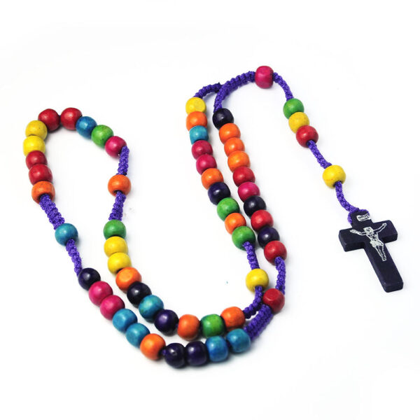 Colored Wooden Beads Religious Rosary Cross Necklace Pendants Rosary Handmade Woven Catholic Jewelry Wholesale