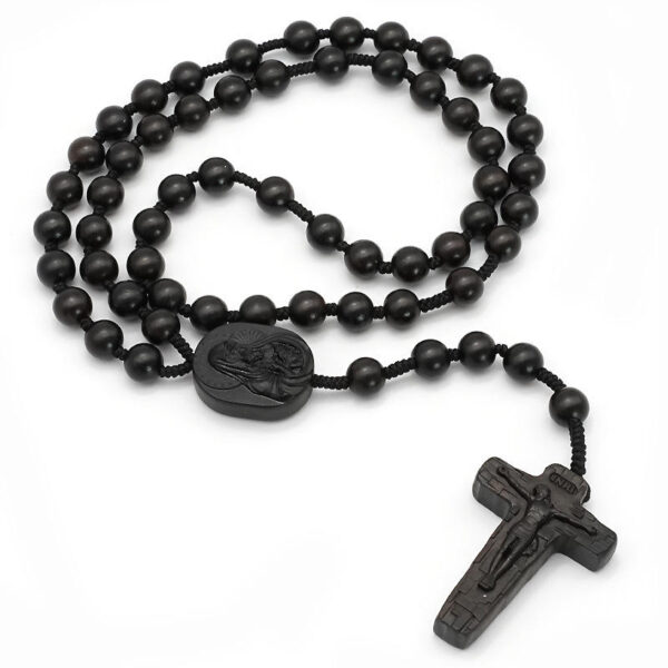 KOMI Rosewood Ebony Beaded Rosary Necklace Virgin Mary Center Crucifix Cross Pendant Necklace Wood Beads Rosary for Religious