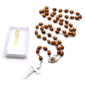 KOMI New Style Box Packaging Jerusalem Wood Rosary Virgin Mary with Soil Medal Jesus Cross Prayer Religious Necklace Wholesale