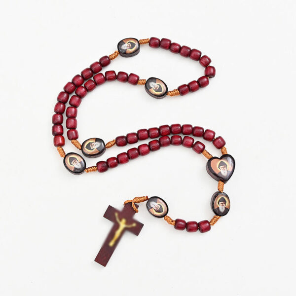 Red Wooden Beads Hand Rosary Necklace Hand-woven Rope Cord Cross Religious Jewelry Vintage Pendant