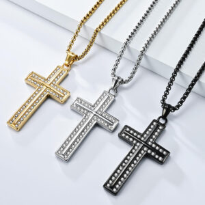 komi stainless steel rhinestone cross pendant necklaces for men boys christian cross pendant with 23.6 inch chain cross necklace