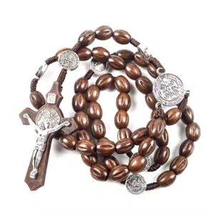 rosary gift prayer 8*10mm engraved wooden beads saint benedict alloy jesus cross necklace beads religious jewelry rn 176
