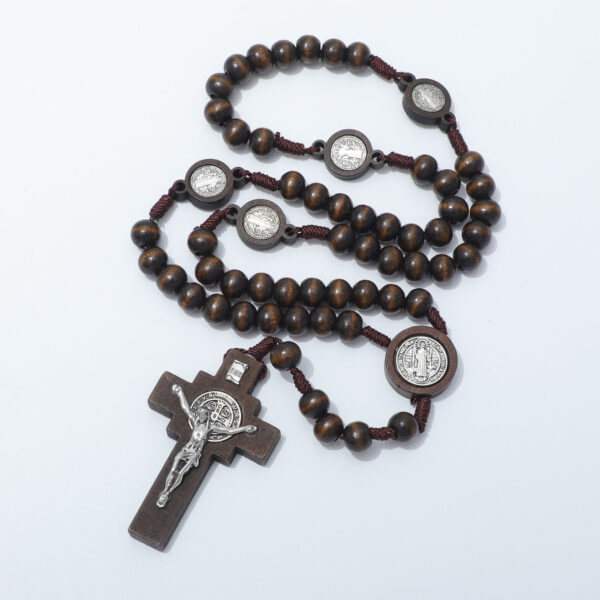 hot sale wooden rosary vintage virgin mary center beads jesus cross pendant prayer jewelry necklace