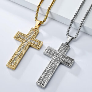 komi vintage great wall print rhinestone crystal cross necklace for men women silver gold stainless steel cross pendant necklace