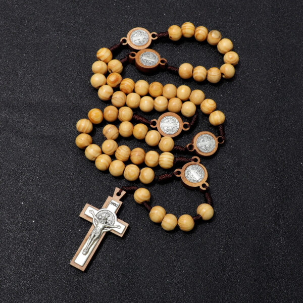 catholic rosary 10mm beads wooden with the medal of st. benedict and the jesus cross rosary necklace religious jewelry