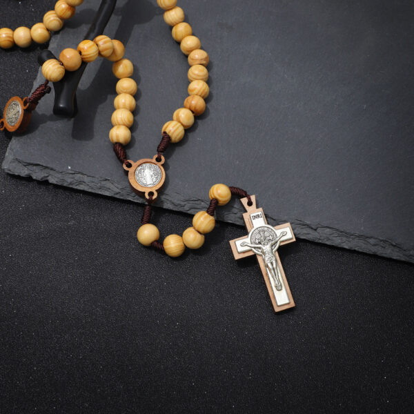 catholic rosary 10mm beads wooden with the medal of st. benedict and the jesus cross rosary necklace religious jewelry