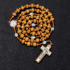 hot sale wooden rosary vintage virgin mary center beads jesus cross pendant prayer jewelry necklace