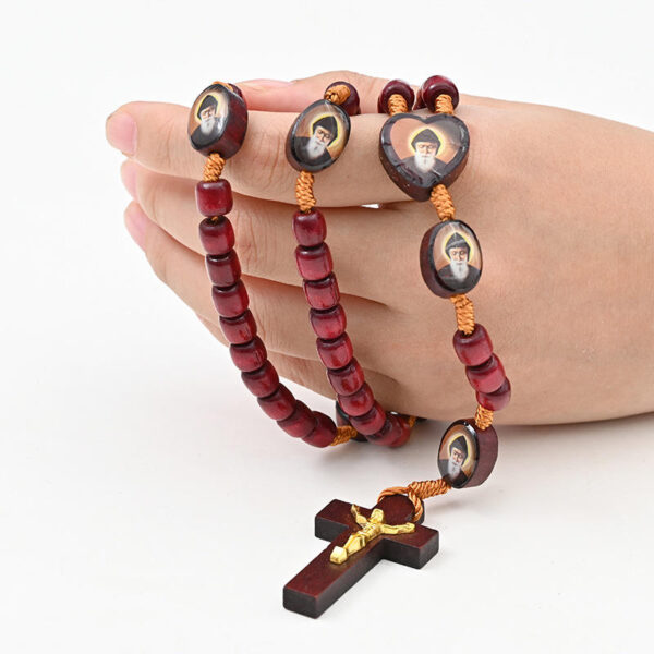 Komi Wine-red Wooden Beads Hand Rosary Necklace Hand-woven String Cross Religious Jewelry