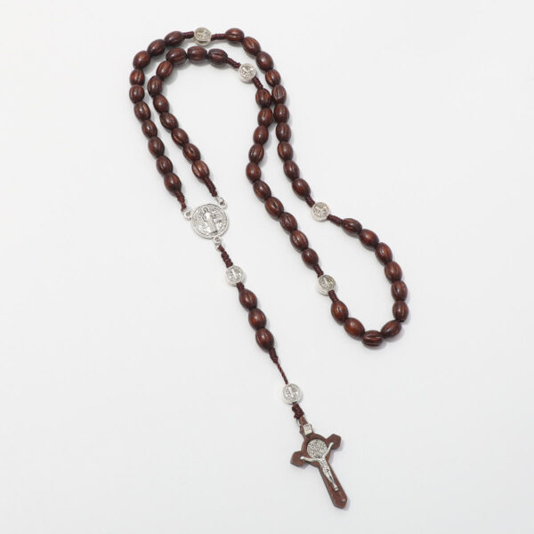 rosary gift prayer 8*10mm engraved wooden beads saint benedict alloy jesus cross necklace beads religious jewelry rn 176