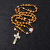 hot sale wooden rosary vintage virgin mary center beads jesus cross pendant prayer jewelry necklace