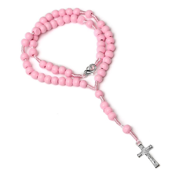 KOMI Children's Wood Beaded Rosary Necklaces Handmade Wooden Beads Necklace with Jesus Cross Pendant Necklace for Boys Girls