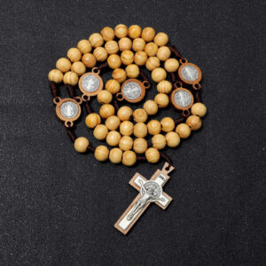 catholic rosary 10mm beads wooden with the medal of st. benedict and the jesus cross rosary necklace religious jewelry