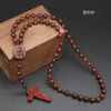 KOMI Rosewood Ebony Beaded Rosary Necklace Virgin Mary Center Crucifix Cross Pendant Necklace Wood Beads Rosary for Religious