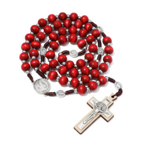hot selling red wooden beads rosary saint benedict medal center jesus cross religious jewelry necklace bracelet sets