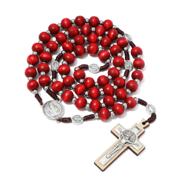 hot selling red wooden beads rosary saint benedict medal center jesus cross religious jewelry necklace bracelet sets