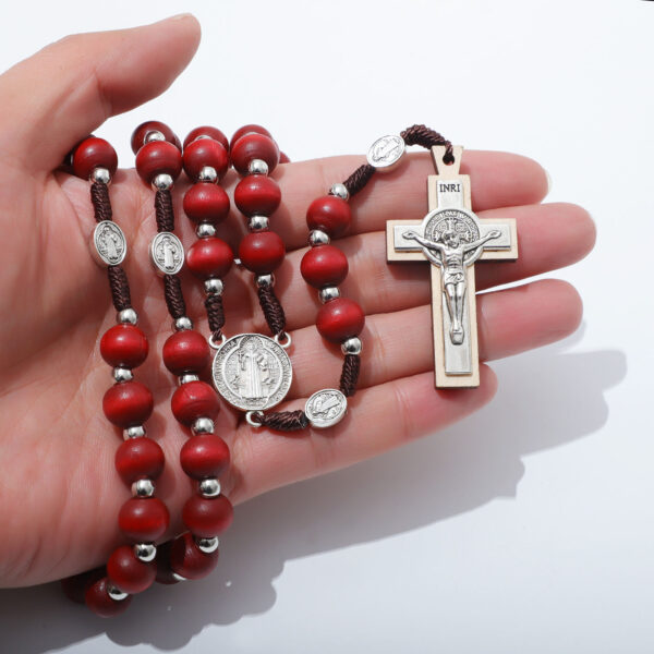 hot selling red wooden beads rosary saint benedict medal center jesus cross religious jewelry necklace bracelet sets