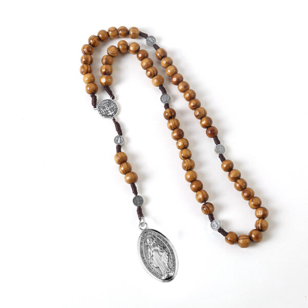 komi handmade wooden beads woven rope alloy jesus cross rosary pendant necklace miracle medal saint benedict jewelry