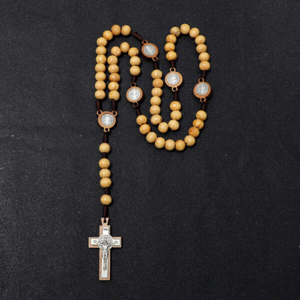 catholic rosary 10mm beads wooden with the medal of st. benedict and the jesus cross rosary necklace religious jewelry