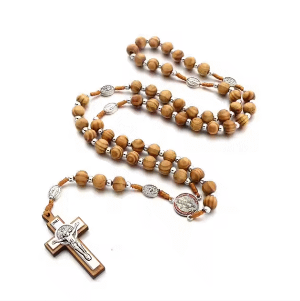 hot sale wooden rosary vintage virgin mary center beads jesus cross pendant prayer jewelry necklace