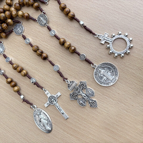 komi handmade wooden beads woven rope alloy jesus cross rosary pendant necklace miracle medal saint benedict jewelry