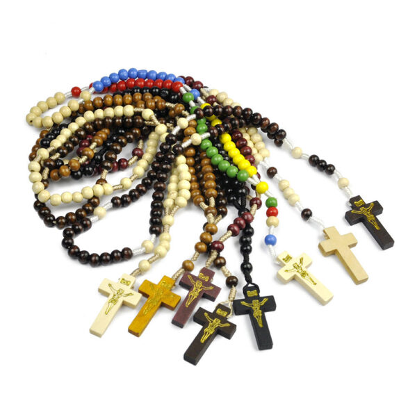 Hot Selling Colored 7*8mm Round Wood Beads Religious Prayer Rosary Cross Pendants Rosary Handmade Woven Catholic Jewelry