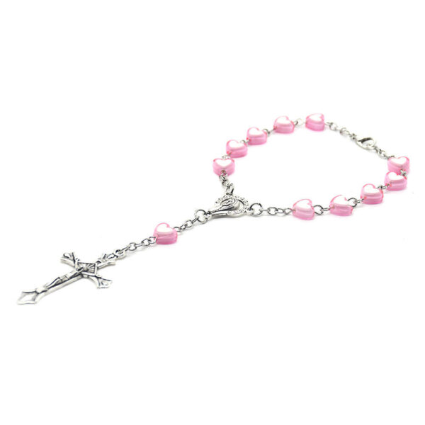 H0035407e1346480286ca4c07c05e35e34 Komi 8mm Christian Plastic Pink Heart Shaped Beads Rosary Crucifix Virgin Mary Pendant Bracelet