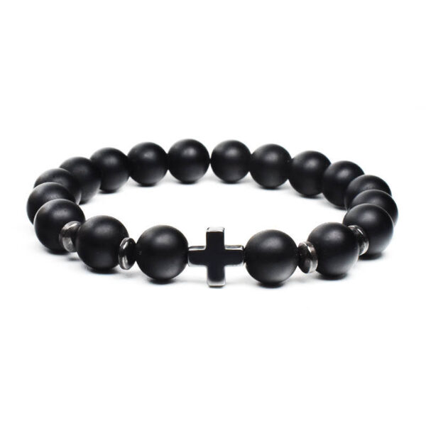Men's Cross Vintage Bracelet Religious Wooden Frosted Stone Beaded Christian Bracelet