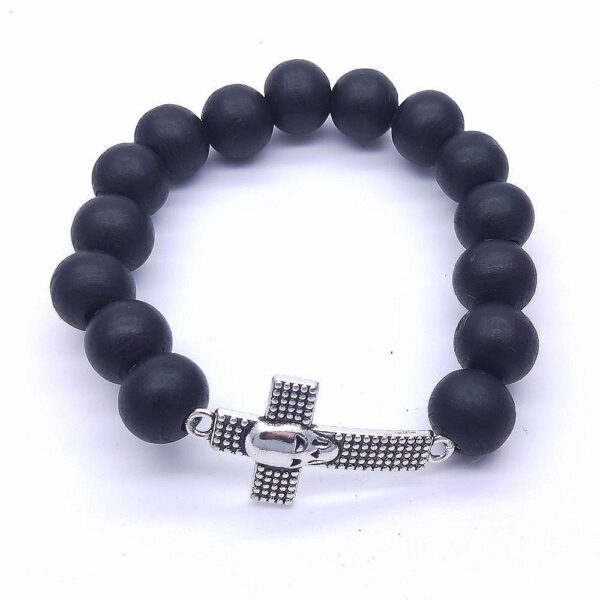 12 mm Black Religious Wooden Crown Skull Head Cross Crucifix Bangles Men Jewelry Beaded Bracelet