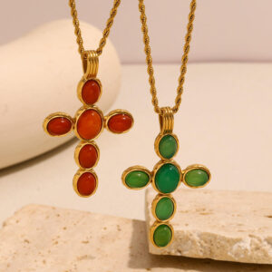 komi cross necklace for women dainty 18k gold plated stainless steel green red beads cross pendant necklace for women jewelry