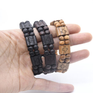 New Design Religious Christian Wooden Beads Elastic Bangle Cross Pendant Wrist Men's Bracelet