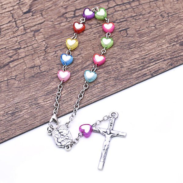 H0f1a969f0bc34377a82eec85df6f3d2e2 Komi Colorful Heart Shaped Plastic Beads Jesus Cross Pendant Decade Catholic Children Pray Religious Rosary Bracelet