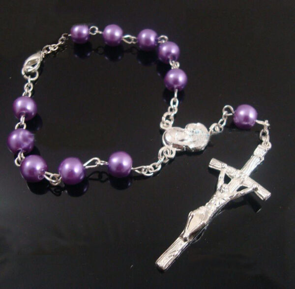 wholesales christian plastic round peal glass beads rosary crucifix virgin mary pendant bracelet