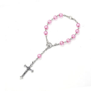 Komi Wholesales Pink 8mm Plastic Crucifix Pendant Wedding Jewelry Double Beads Rosary Bracelet