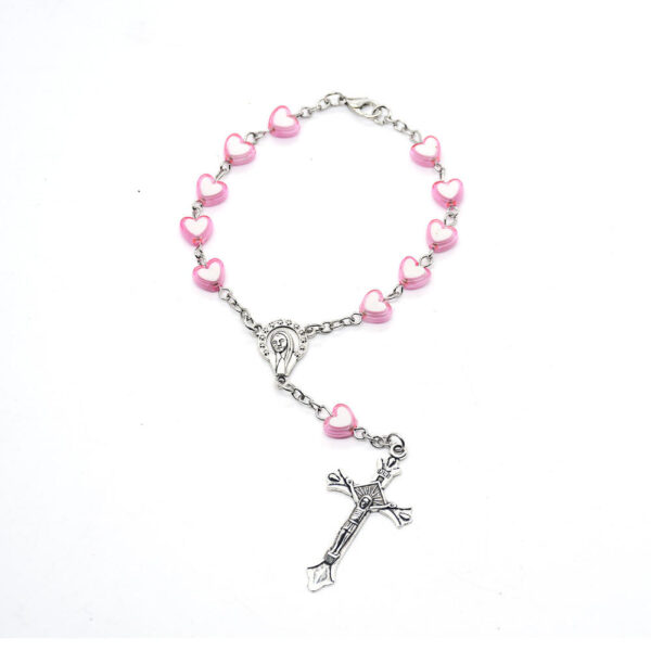 H5b1ccbe0401b41799b537254f4da549aH Komi 8mm Christian Plastic Pink Heart Shaped Beads Rosary Crucifix Virgin Mary Pendant Bracelet