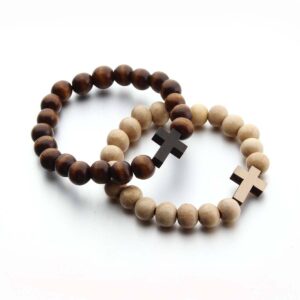 Handmade Round Wood Bead Bracelet Coffee Color Wood Cross Bracelet Wooden Pendant Bracelet Spot Wholesale