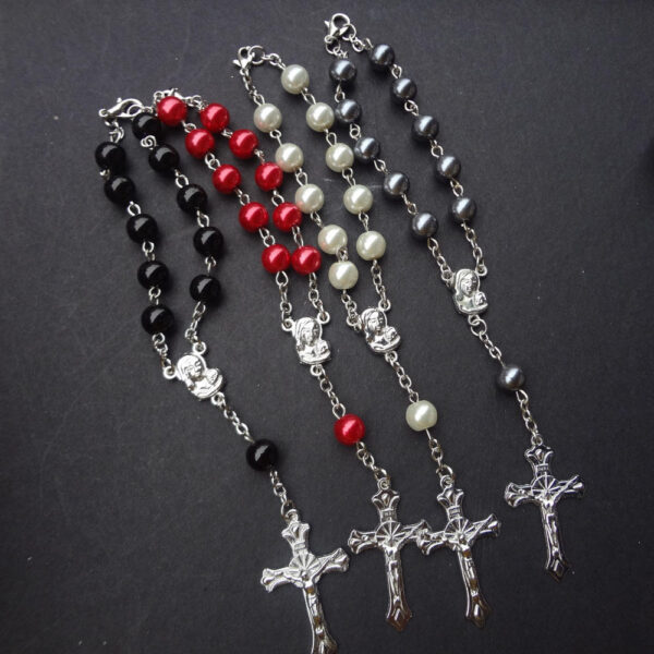 wholesales christian plastic round peal glass beads rosary crucifix virgin mary pendant bracelet