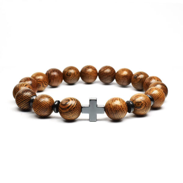 Men's Cross Vintage Bracelet Religious Wooden Frosted Stone Beaded Christian Bracelet