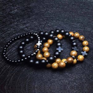 Men's Cross Vintage Bracelet Religious Wooden Frosted Stone Beaded Christian Bracelet