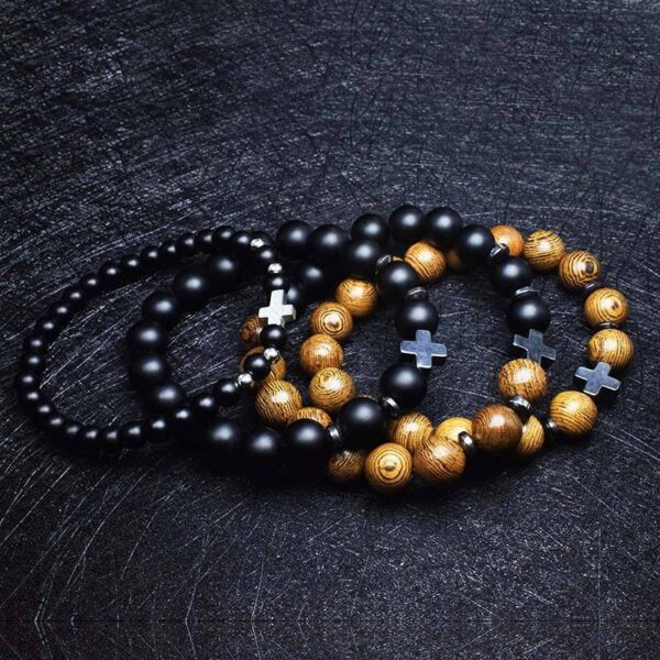 Men's Cross Vintage Bracelet Religious Wooden Frosted Stone Beaded Christian Bracelet